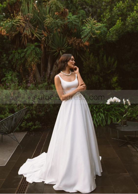 Scoop Neck Ivory Satin Simple Wedding Dress